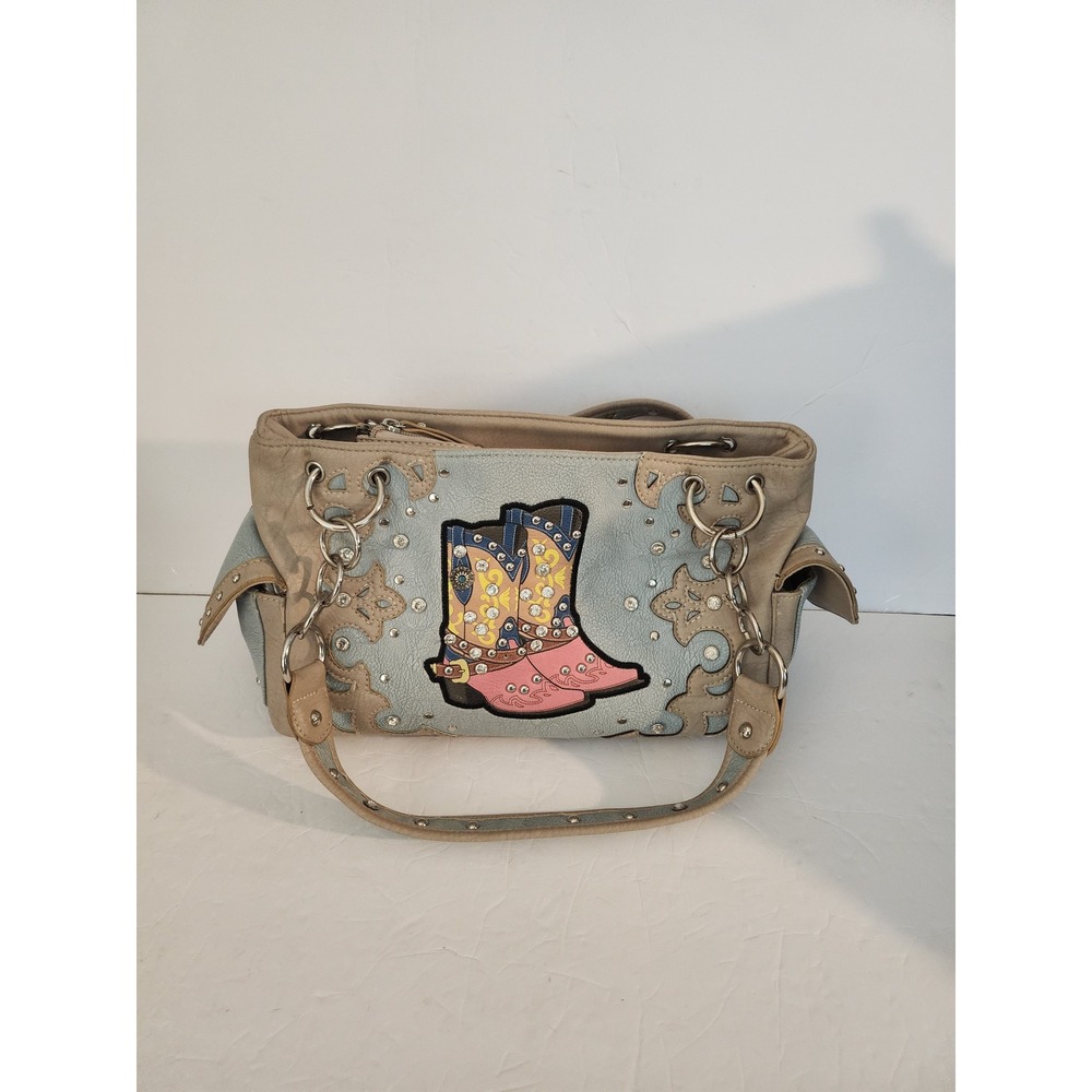 Cowgirl Trendy Western Cowboy Boot Rhinestone Studded Shoulder Bag Tan Blue